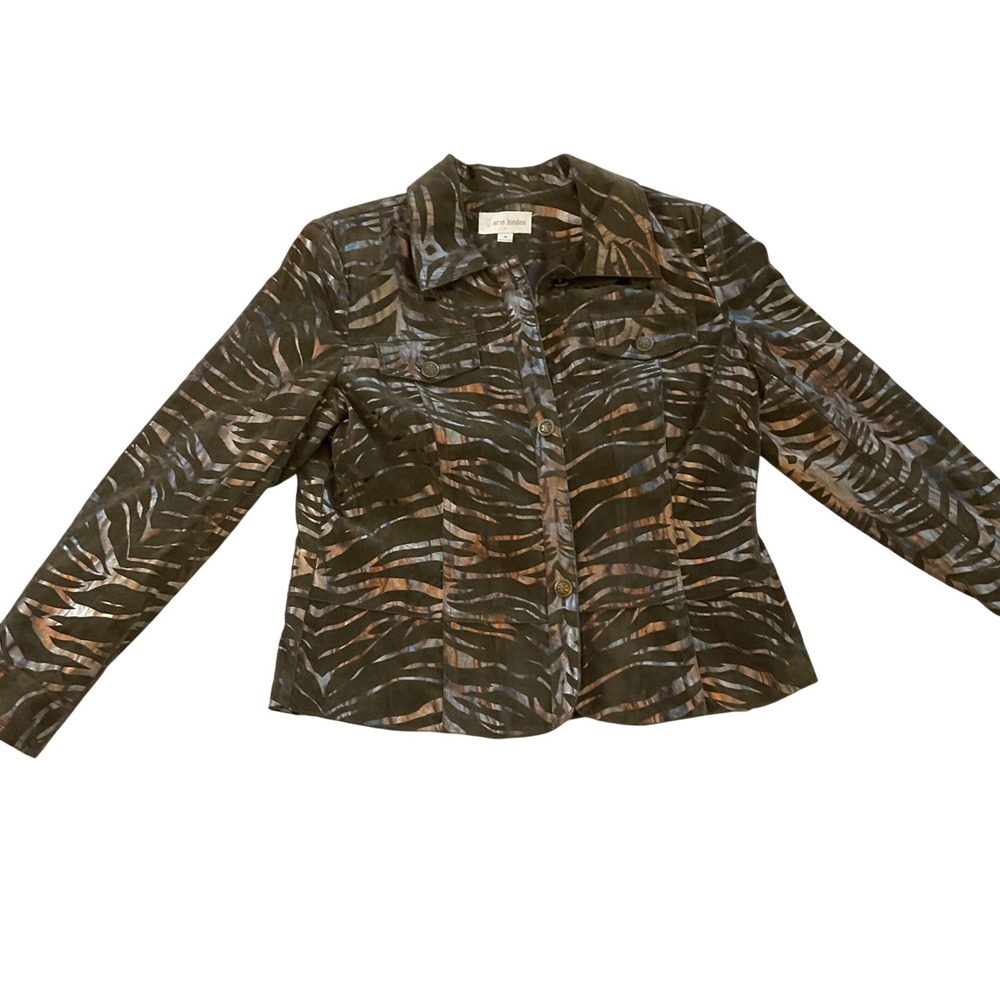 Erin London Women's Size M Olive‎ Green Tiger Stripe Print Button Up Jacket